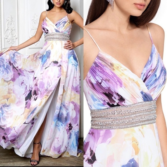 XSCAPE Leilani Floral Embellished Waist Chiffon Dress size 4 - Picture 1 of 11